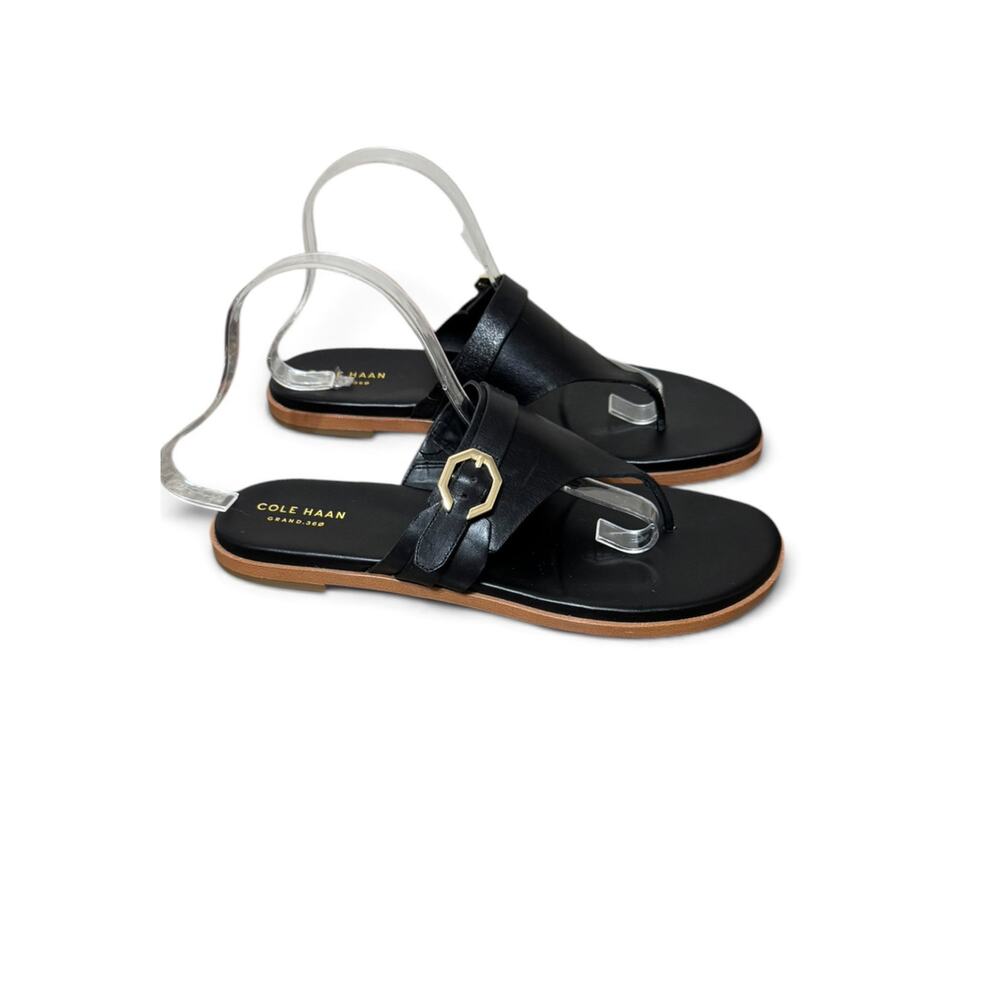 Cole Haan Women’s 9.5 B Felicity Black Leather Sandals With Gold-Tone Buckle